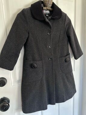 Rothschild Girls' Dark Gray Wool Pea Coat with Velvet Collar & Rosette pockets
